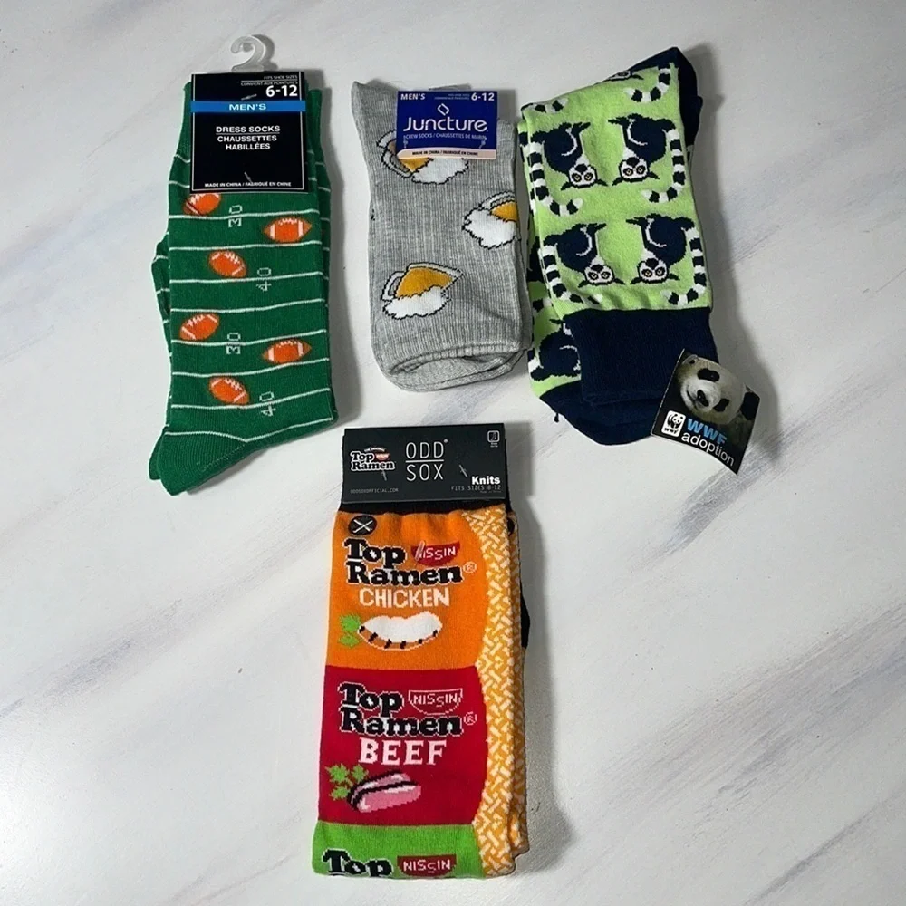 4 pairs of men socks. Football. Top Ramen. Beer. Lemur size 6-12